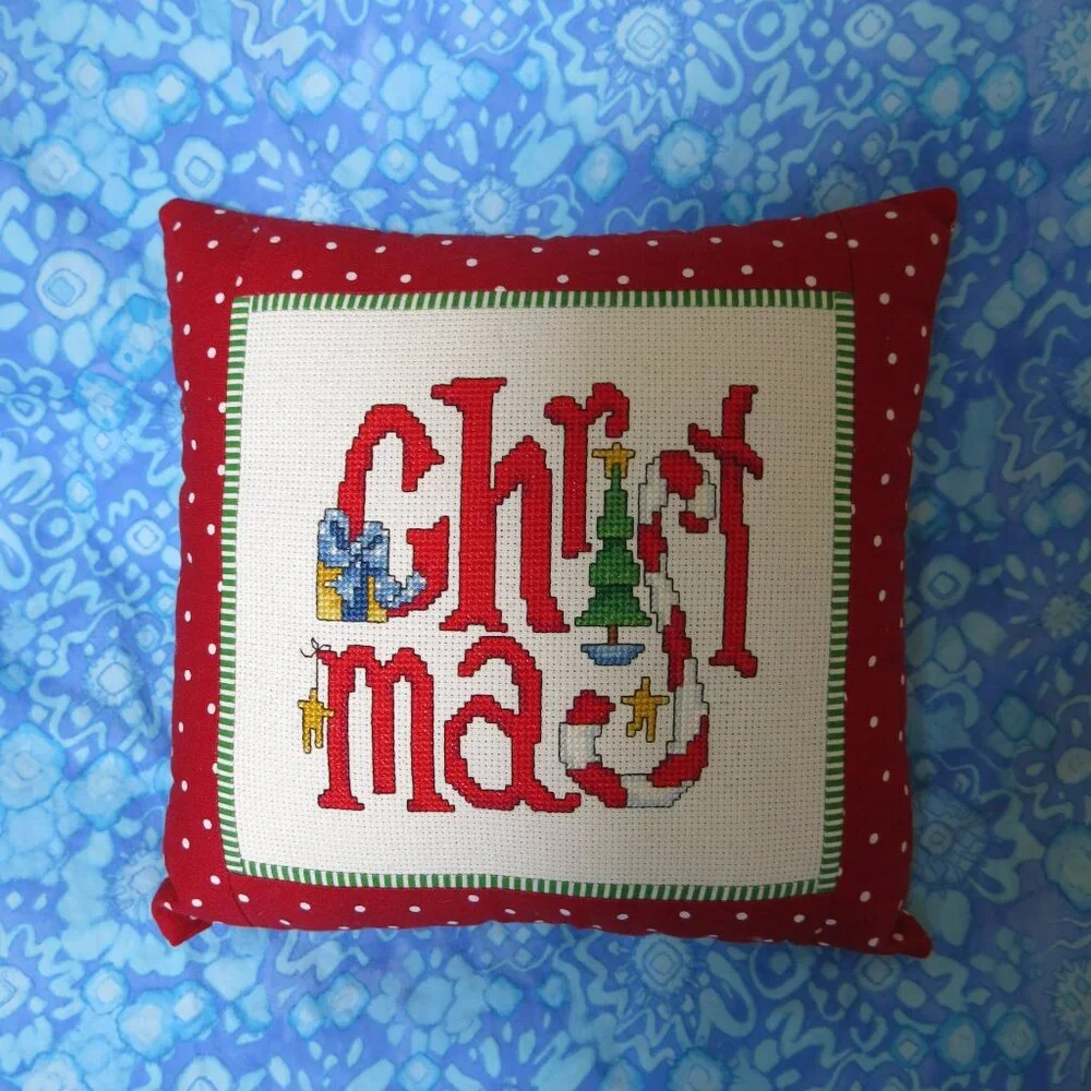 Handmade Handstitched Small Christmas Pillow Accent Cotton Holiday Home Décor